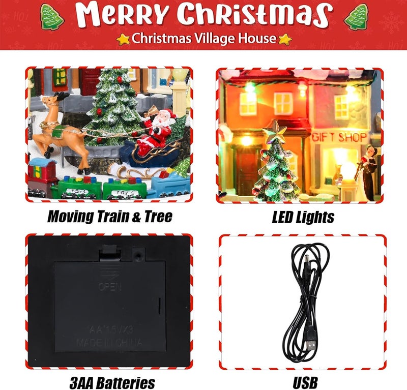 CHONSUN Christmas Village Sets 9 Inch Animated Moving Christmas Tree Train USB/3AA Batteries Music Village House Indoor Decoration Xmas Town Houses for Holiday Decor - Image 3